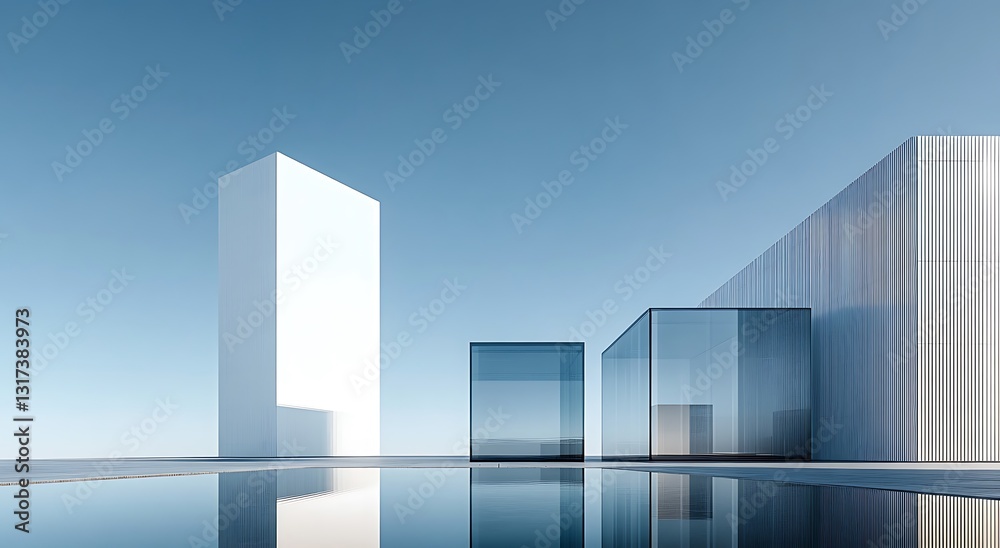 Abstract futuristic minimalist architectural landscape with three large glass buildings, each casting reflections on the surrounding water surface Abstract futuristic minimalist architectural landscape with three large glass buildings, each casting reflections on the surrounding water surface