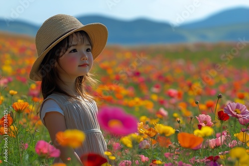 Young Girl in a Colorful Flower Field Enjoying Nature on a Sunny Day