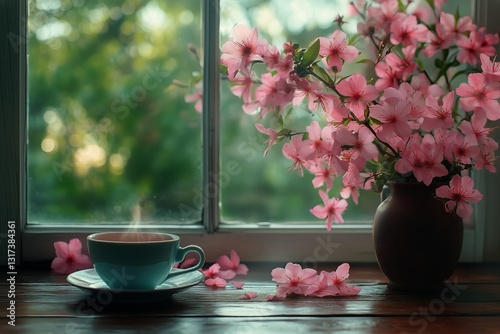 Morning Coffee Surrounded by Blooming Pink Flowers on a Wooden Table