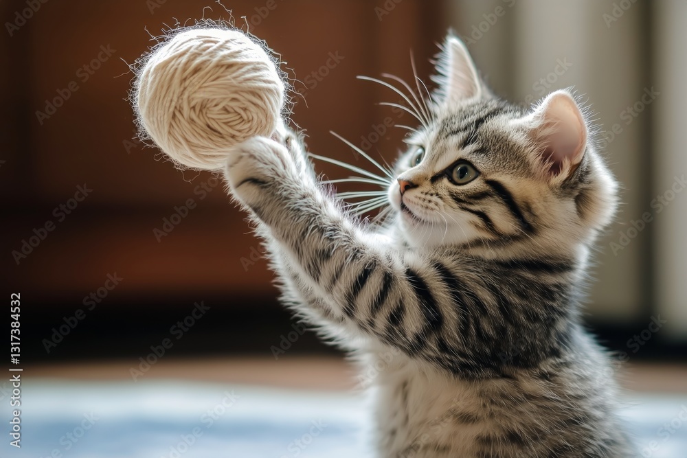 Naklejka premium Adorable Kitten Plays With Blue Yarn in Cozy Indoor Setting During Afternoon Light