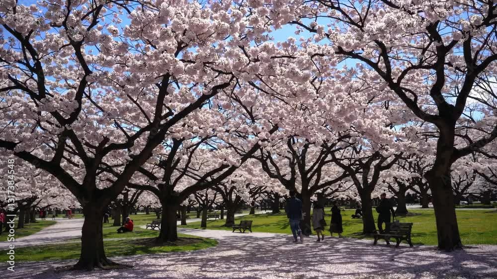 Enjoying cherry blossom season in a beautiful park filled with blooming trees Enjoying cherry blossom season in a beautiful park filled with blooming trees