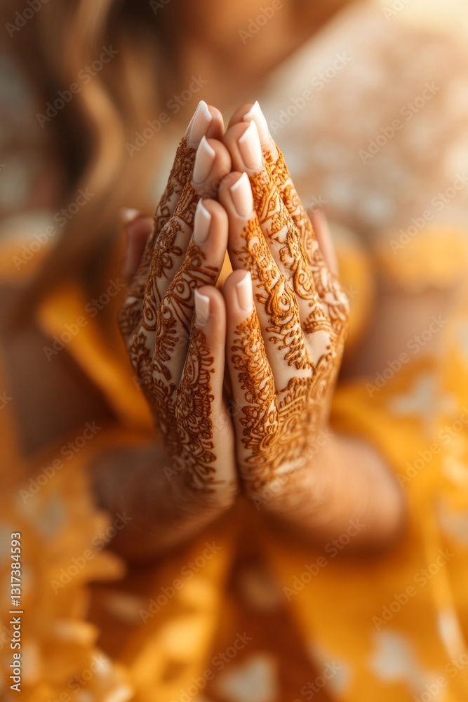 Close-up of henna-decorated hands in prayer. Close-up of henna-decorated hands in prayer.