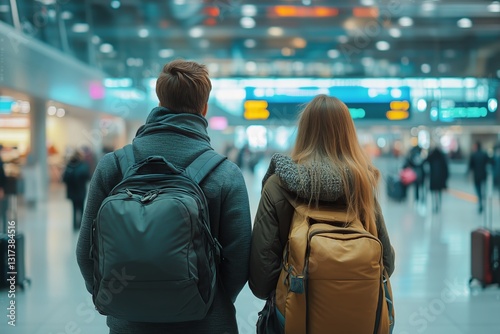Couple Looking up in an Airport Terminal While Waiting for Their Flight Durin...