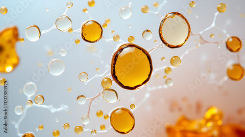Detailed microscopic image of skin cells with water molecules and gold oil drops in a transparent background, cytoplasm, biology