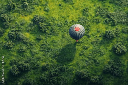 Hot Air Balloon Soaring Over Green Farmland at Sunrise