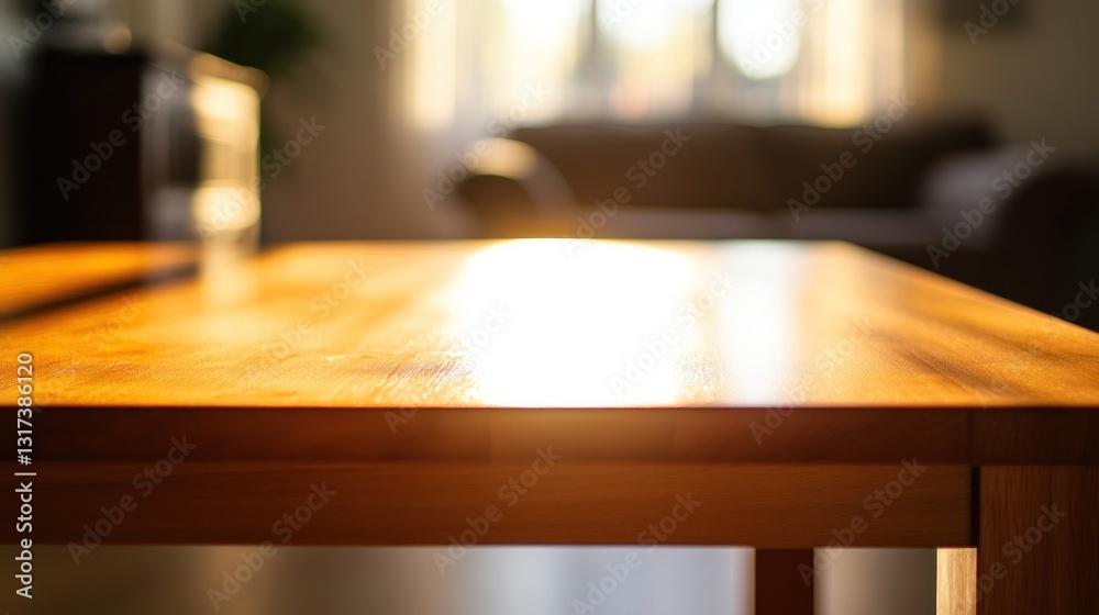 Warm Sunlight Illuminating a Polished Wooden Table in a Cozy Living Room Warm Sunlight Illuminating a Polished Wooden Table in a Cozy Living Room