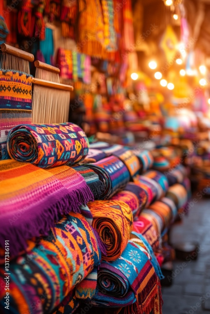 Fototapeta premium Vibrant textiles in a marketplace, showcasing rich colors and intricate patterns.