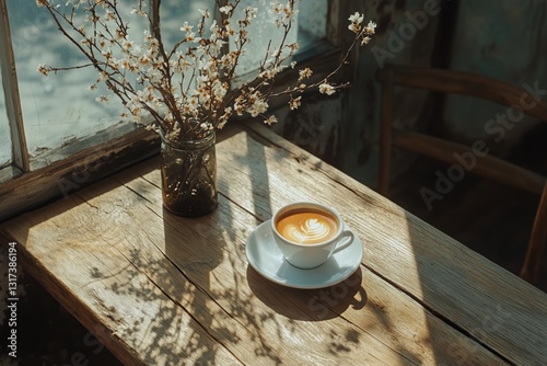 Warm Cup of Coffee on a Rustic Table by the Window in a Cozy Cafe During Earl...