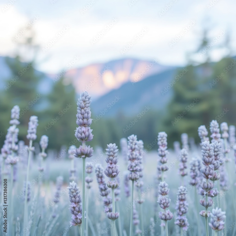 Obraz premium Serene Lavender Field at Sunset with Mountain Backdrop