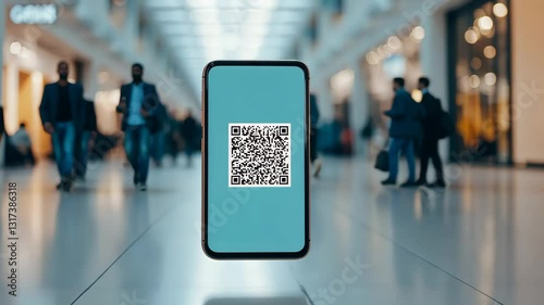 Wallpaper Mural A floating mobile phone with a QR code on the screen, set against a background of a shopping mall or store, symbolizing cashless payments and online transaction technology. Torontodigital.ca