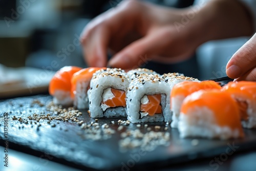 Preparing Fresh Sushi Rolls With Salmon and Sesame on a Black Serving Board i...