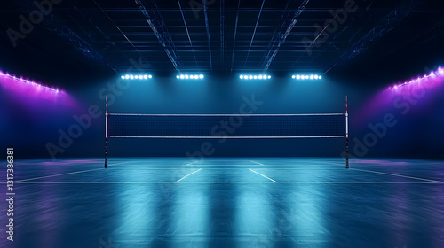 Empty Volleyball Court Illuminated With Neon Lights Under Dark Indoor Stadium For Dramatic Sports Competition