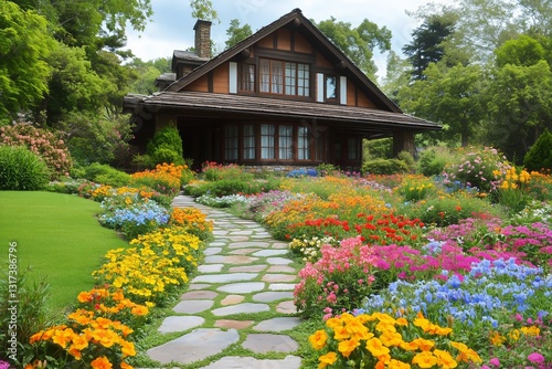 Beautiful Garden With Colorful Flowers Surrounding a Charming Wooden House on...