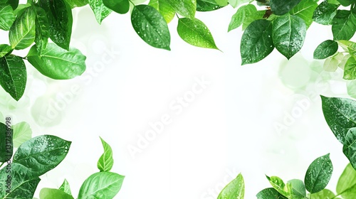 Lush Green Leaves Frame on White Background