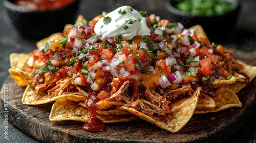 Wallpaper Mural Nachos sour cream Mexican concept. A delicious plate of nachos topped with pulled meat, salsa, onions, and a dollop of sour cream, served with bowls of sauces and herbs. Torontodigital.ca
