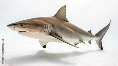 Bull shark in full view on white studio  background