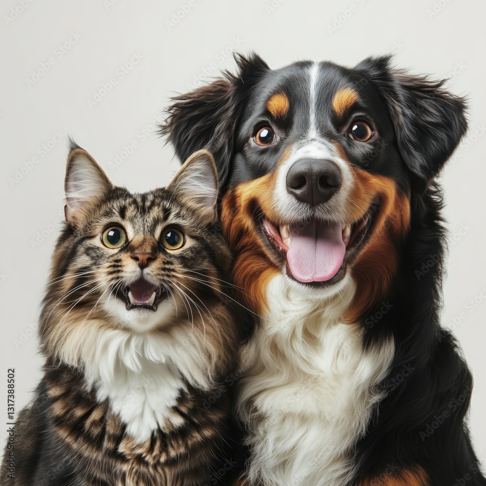 Fototapeta premium A fluffy cat and a happy dog are posing together in this shot The animals are centered in the frame and looking forward