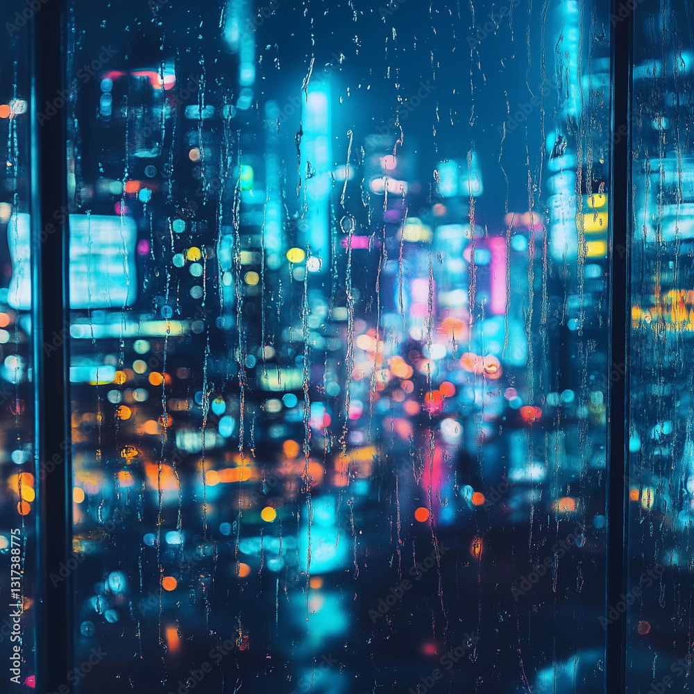 Obraz premium A futuristic cityscape at night, viewed through a rain-covered window with blurred neon reflections