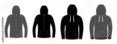 set of hoodies with front and back views men, woman, unisex cad mockups, streetwear hoodie collections technical fashion illustration zipper hoodie flat apparel templates