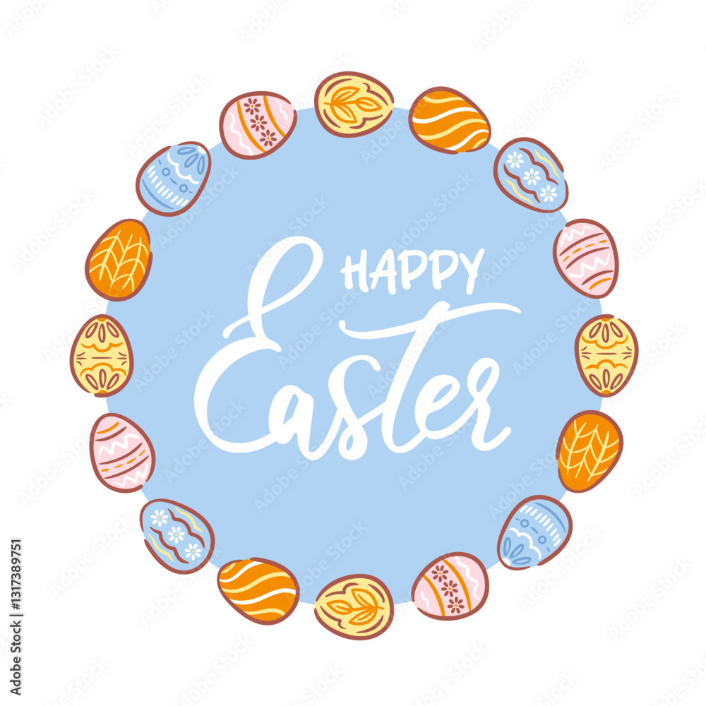 A vibrant Easter wreath made of colorful eggs, adorned with delicate pattern. This festive illustration captures the joy and renewal of the Easter season, perfect for spring celebrations. A vibrant Easter wreath made of colorful eggs, adorned with delicate pattern. This festive illustration captures the joy and renewal of the Easter season, perfect for spring celebrations.