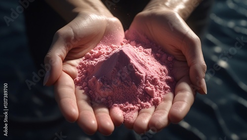 The red sand powder on both hands gives the impression of the enormous amount of falling objects and the fineness of the sand.