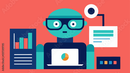 Spreadsheet Assistant A robot with glasses analyzing a spreadsheet on a computer screen while filling out fields automatically with animated charts and graphs.