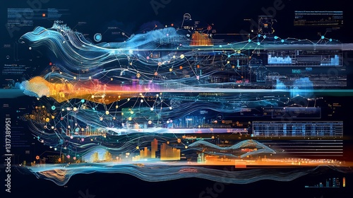 Artistic depiction of critical path analysis interconnected layers symbolic nodes for efficient workflow visualization