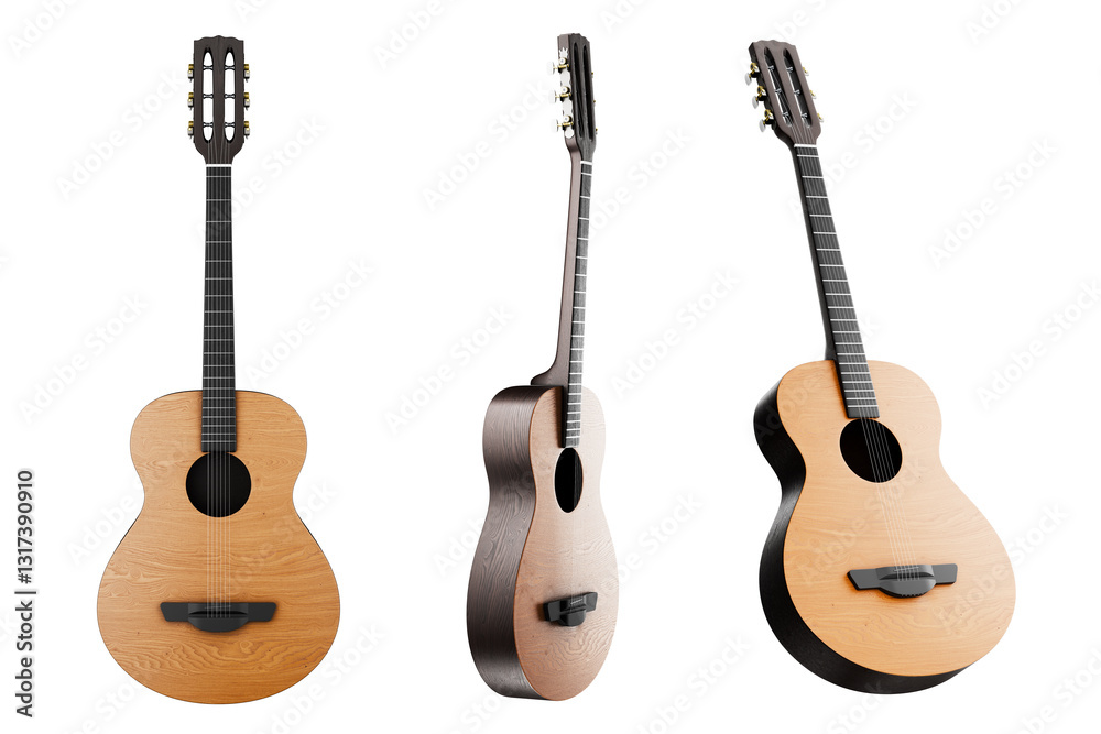 Naklejka premium Acoustic guitars at different angles isolated on white background. Guitar for poster, music poster design or design. 3d render.