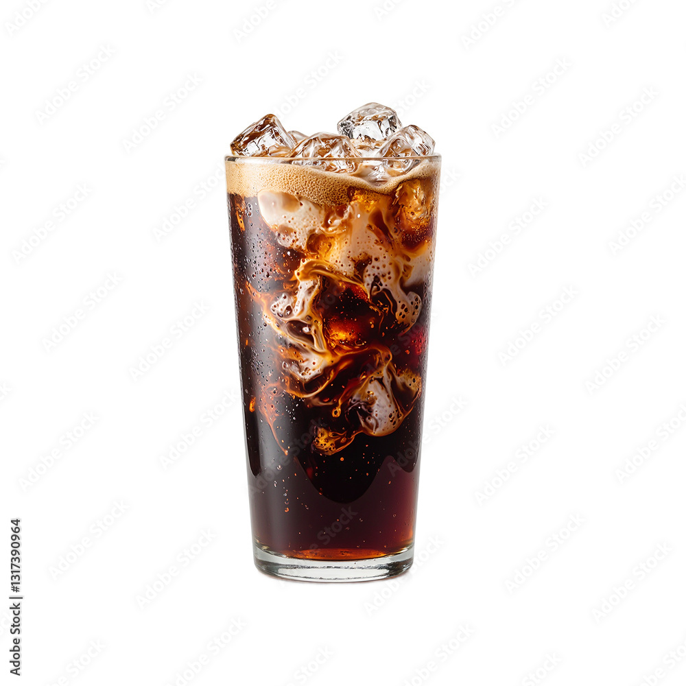 Refreshing iced espresso with swirls of cream in a dark glass isolated on white Perfect for coffee lovers and beverage concepts