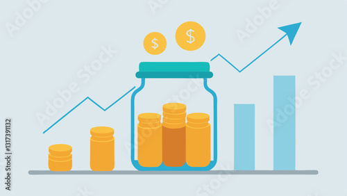 Growing Savings Jar A transparent jar labeled Savings filled with coins at the bottom and as time progresses more coins are visibly added with arrows indicating upward growth.