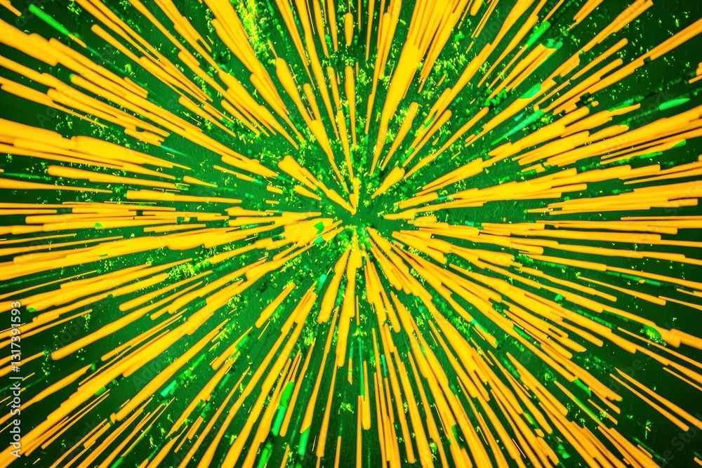 Fototapeta premium Yellow bursts radiate outward on a dark green background, creating a dynamic effect