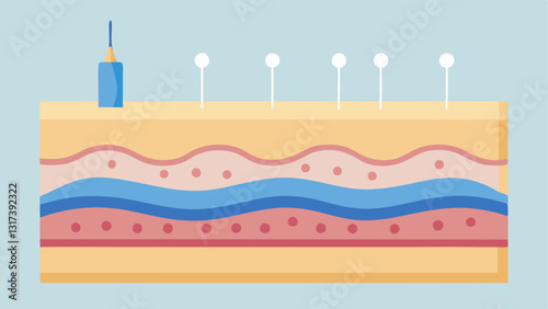 Skin Layer with Collagen Boosting Create a crosssection of skin layers showing microneedles trating the surface with the serum diffusing into the skin and boosting collagen.