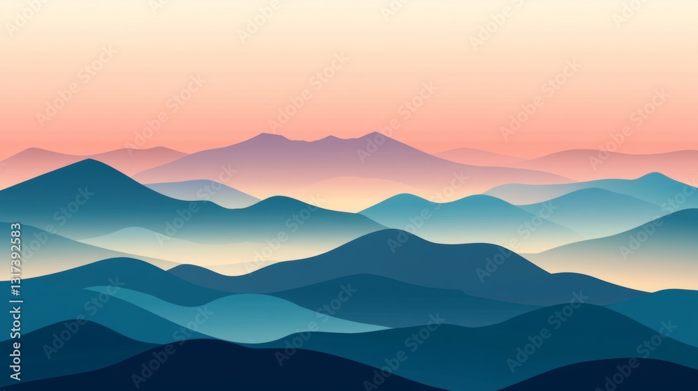 Tranquil sunrise over layered mountain ranges in pastel colors Tranquil sunrise over layered mountain ranges in pastel colors