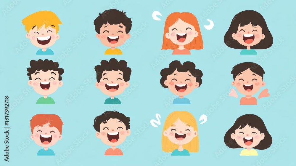 Cute cartoon kids with various hairstyles expressing joy and laughter on light blue background Cute cartoon kids with various hairstyles expressing joy and laughter on light blue background
