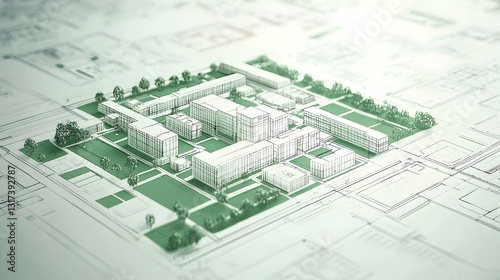 Architectural model campus design blueprint;  green spaces; planning; future development;  real estate marketing
