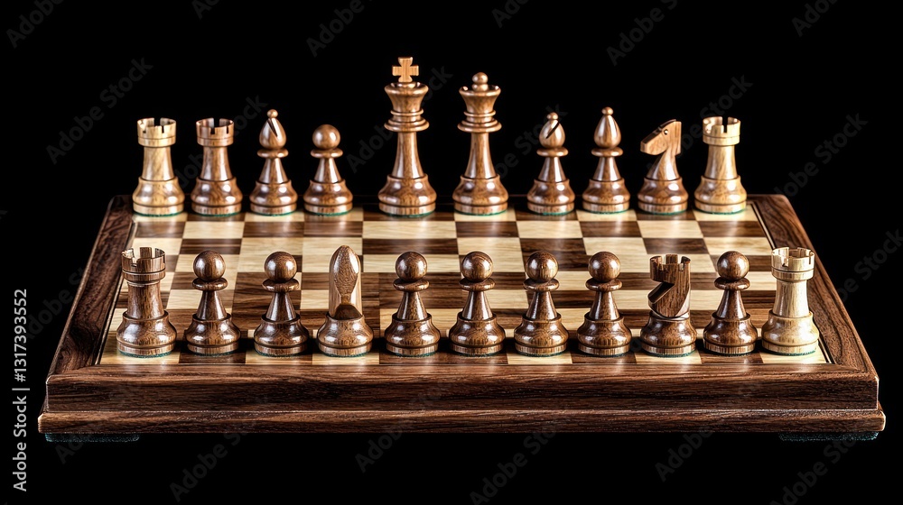 Wooden chess pieces arranged on a chessboard. Wooden chess pieces arranged on a chessboard.