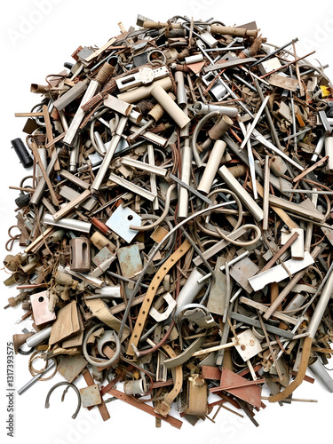 A large pile of mixed scrap metal and debris, consisting of various twisted and broken metal pieces, piled against a plain white background.