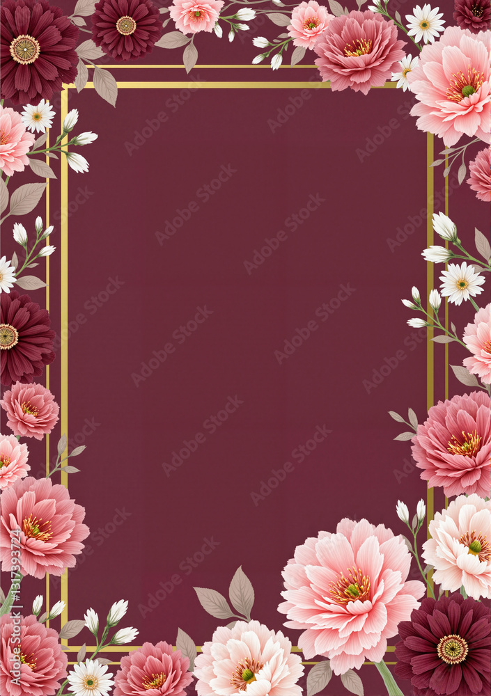 Fototapeta premium Elegant floral border with blush and burgundy flowers for invitations