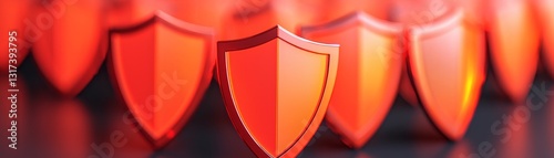 A series of red shields arranged closely, suggesting protection and security in a visually striking, abstract manner.