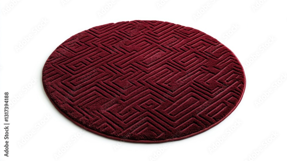 Round burgundy patterned rug with a maze design Round burgundy patterned rug with a maze design