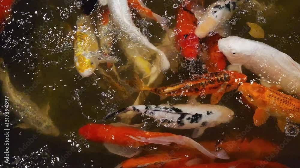 Colorful and hungry koi carp fish gracefully swimming in a pond.
