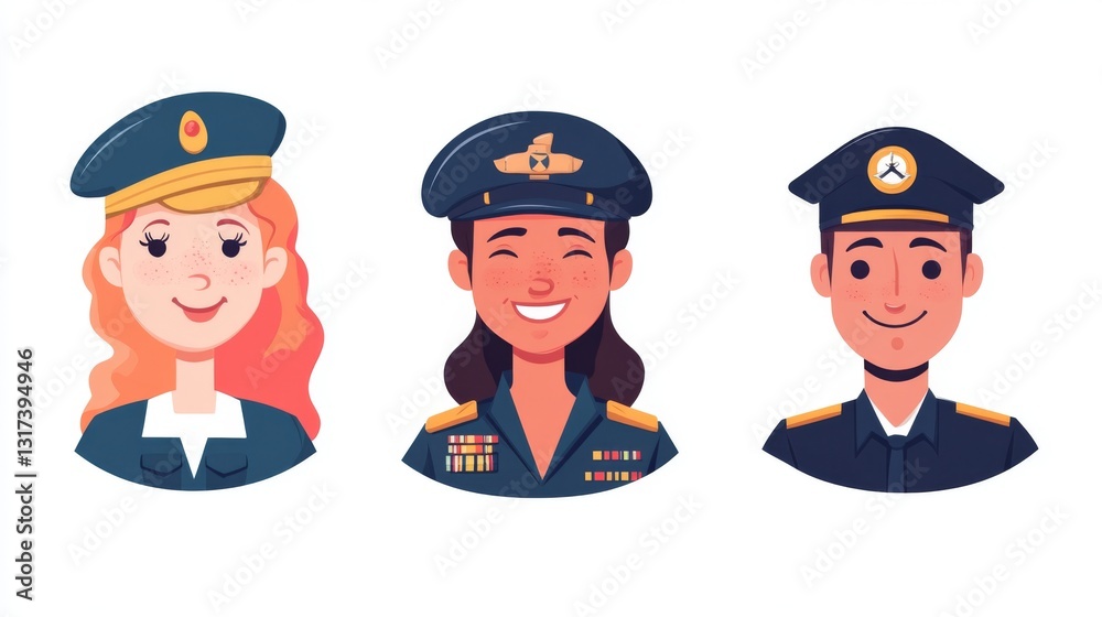 Diverse collection of smiling cartoon pilots in uniforms on a white background Diverse collection of smiling cartoon pilots in uniforms on a white background
