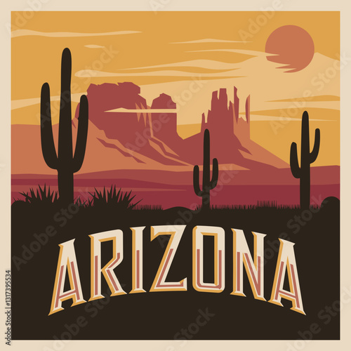 Vintage Arizona Desert Landscape Illustration
