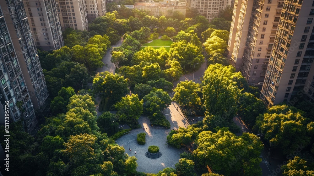 Urban Oasis: Aerial View of Lush Green Park Nestled Among Modern High-Rise Buildings Urban Oasis: Aerial View of Lush Green Park Nestled Among Modern High-Rise Buildings