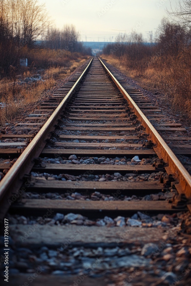 Fototapeta premium Abandoned train track runs through a vast open field with no signs of life or activity