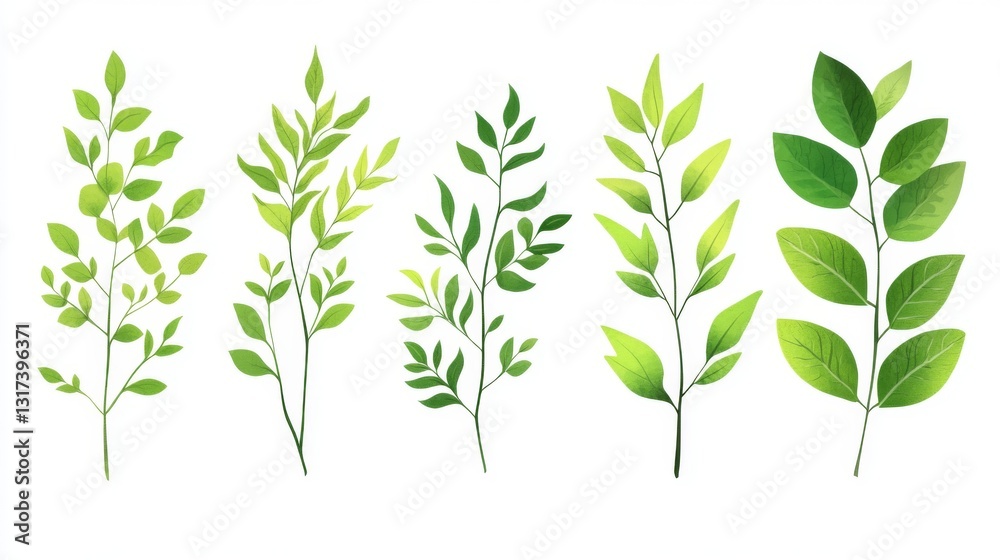 Fototapeta premium Green foliage collection featuring various leafy stems for nature and botanical design