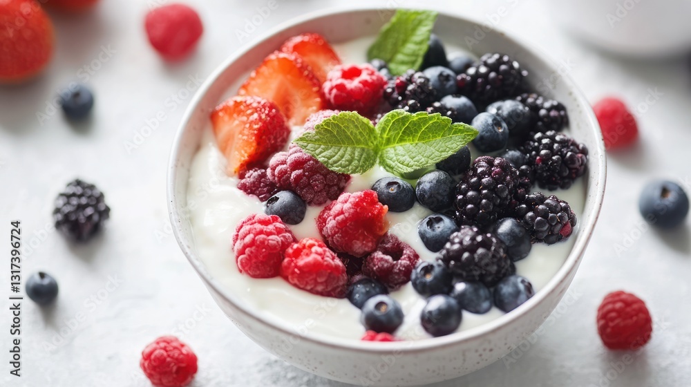 A bowl of yogurt topped with various fresh berries A bowl of yogurt topped with various fresh berries