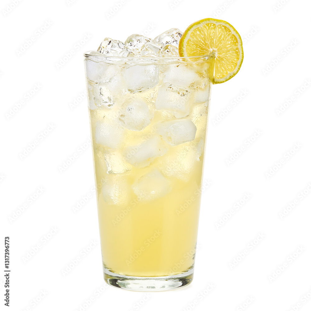 Refreshing lemonade in a clear glass with ice cubes and a citrus slice set against a white backdrop Refreshing lemonade in a clear glass with ice cubes and a citrus slice set against a white backdrop