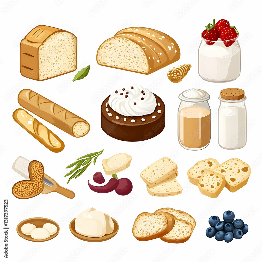 Fototapeta premium Assorted Bread and Dairy Products with Fresh Ingredients and Snacks