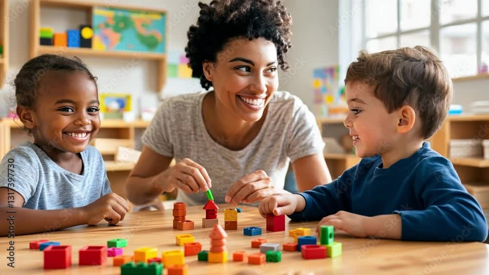 Playful Learning: A teacher engages two children in a vibrant play-based learning environment, with colorful blocks on the table and smiles all around. 